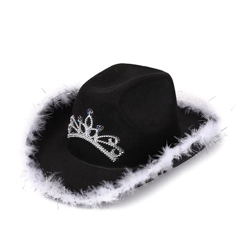 Cowboy Hat For Women Fluffy Feather Wide Brim Hats Sparkly Felt Western