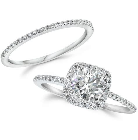 1CT Diamond Engagement Ring Cushion Halo Wedding Ring Set 14K White