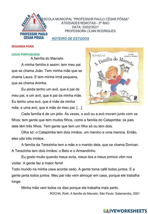 A Familia Do Marcelo Leitura E Interpreta O Interactive Worksheet