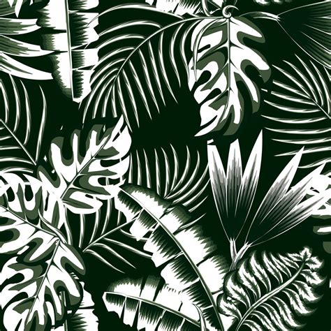 Green Light Banana Palm Leaves Seamless Pattern With Monochromatic Tropical Monstera Plants And