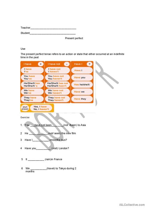 Present Perfect Espa Ol Ele Hojas De Trabajo Pdf Doc