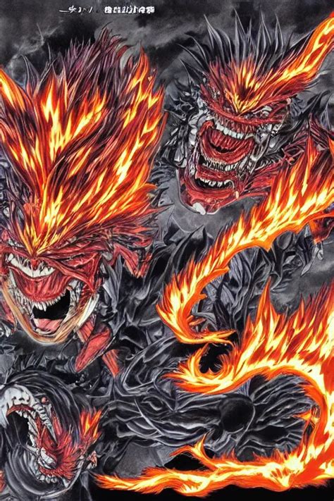 Manga Double Spread Illustration Of A Flaming Monster Stable