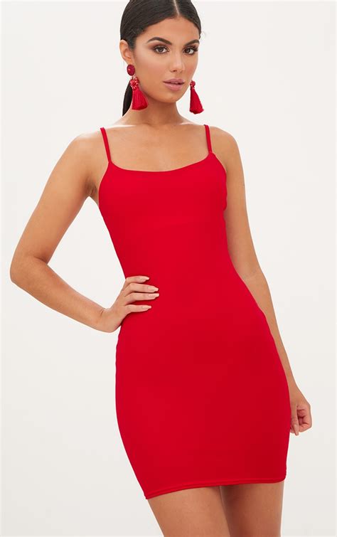 Red Square Neck Spaghetti Strap Bodycon Dress Prettylittlething