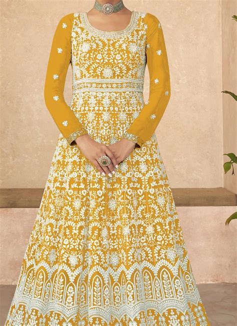 Shop Mustard Faux Georgette Embroidered Dresses And Gown Party Wear