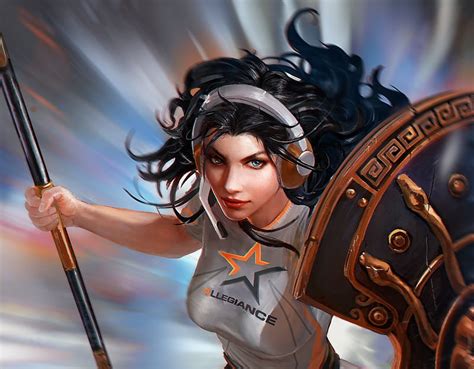 Athena Fantasy Girl Shield Smite Game Headphones Hd Wallpaper