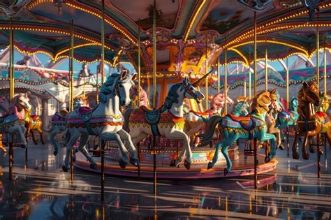 Premium Photo Whimsical Carousel With Brightly Painted Horses Oc