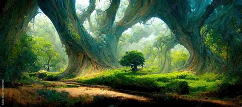 Lush Green Fairytale Forest Majestic Ancient Oak Trees Pristine