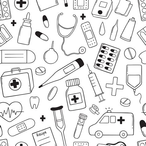 Seamless Pattern Of Medicine Doodle Medicine Equipment Drugs Pills