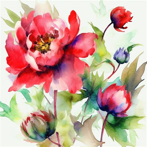 Premium AI Image | A watercolor painting of a red peony with green leaves.