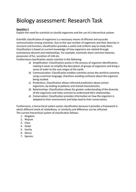 Biology Assessment Yr 11 Organisms Biology Year 11 Hsc Thinkswap