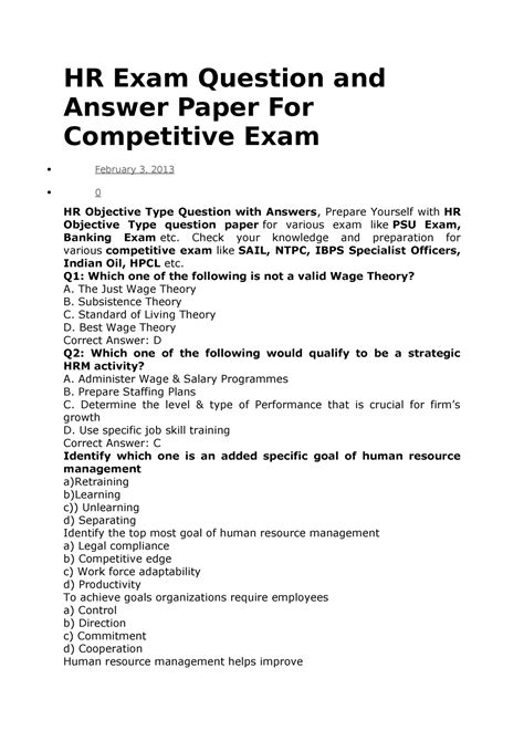 Hr Exam Question And Answer Paper For Competitive Exam Hr Exam