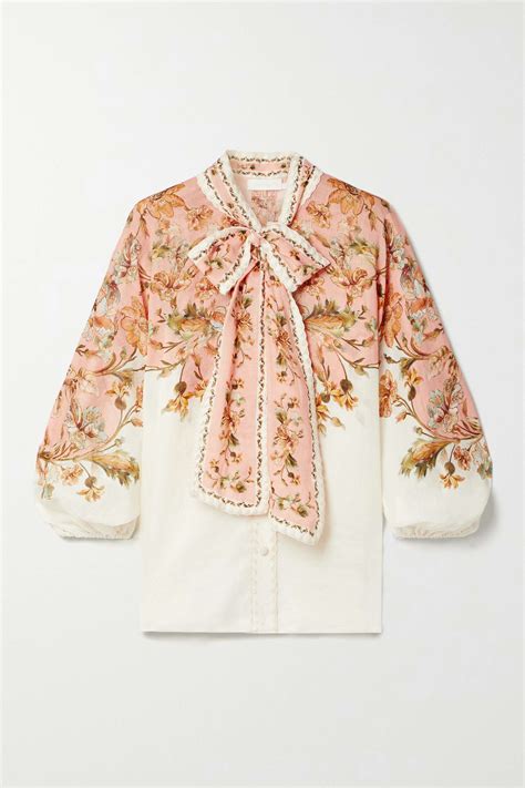ZIMMERMANN Chintz Embroidered Pussy Bow Floral Print Ramie Blouse NET