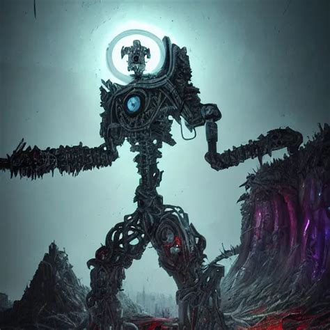 Photo Of A Dormant Cyborg Sentinel Holding The Stable Diffusion