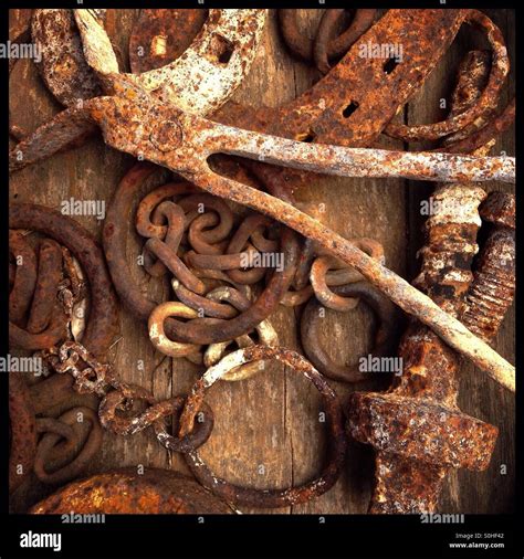 Rusty metal objects collected on a wooden barrel, Catalonia, Spain ...