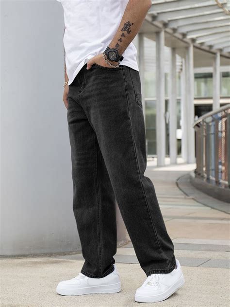 Black Denim Plain Straight Leg Embellished Non Stretch Men Denim Men