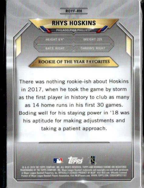 2018 Bowman Chrome ROY Favorites ROYF RH Rhys Hoskins I Phillies EBay