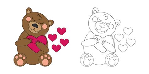 Libro Para Colorear Braun Oso De Peluche Con Corazones Vector Premium