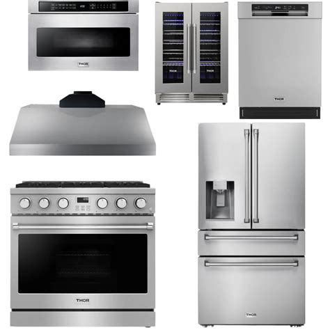 Thor Contemporary Package - 36" Gas Range, Range Hood, Refrigerator, D ...