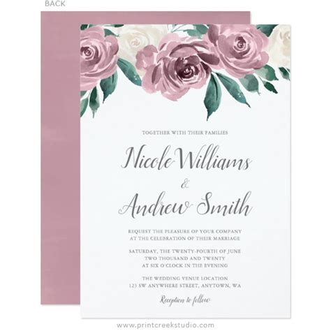 Mauve Watercolor Roses Floral Wedding Invitations - Print Creek Studio Inc