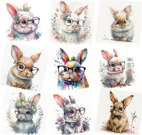 Cute Bunnies In Glasses Clip Art Funny Bunny Design Bundle Rabbit Illustrations Crafting