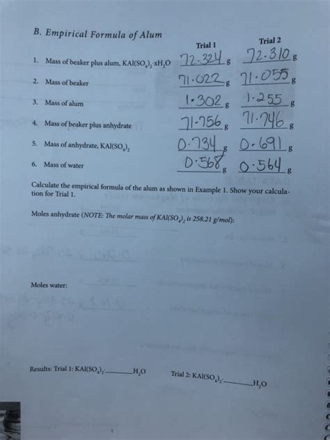 Solved B Empirical Formula Of Alum Trial 2 Trial 1 1 Mass Chegg