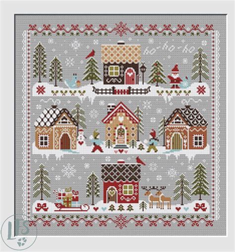 A Cross Stitch Christmas Scene With Houses Trees And Sleighs On Grey