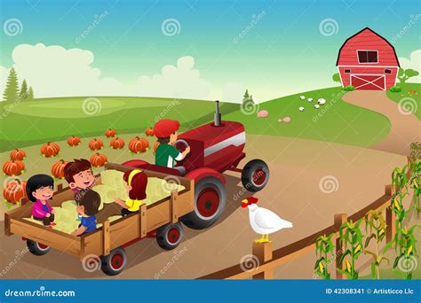 Kids On A Hayride In A Farm During Fall Season Stock Vector Image