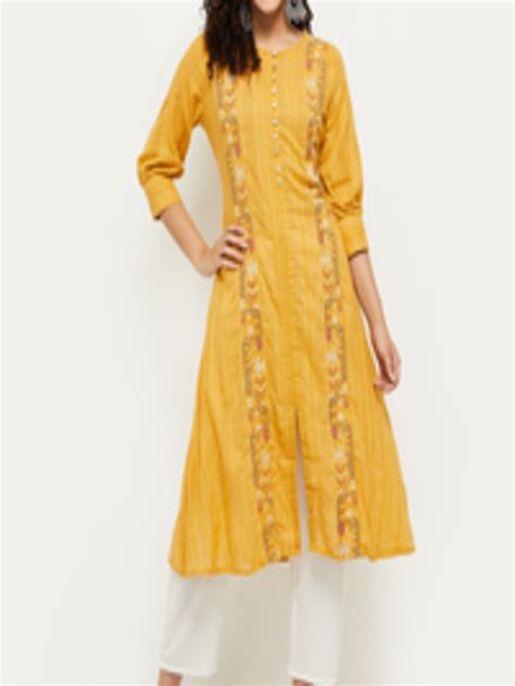 Buy Max Women Mustard Yellow Ethnic Motifs Embroidered Thread Work