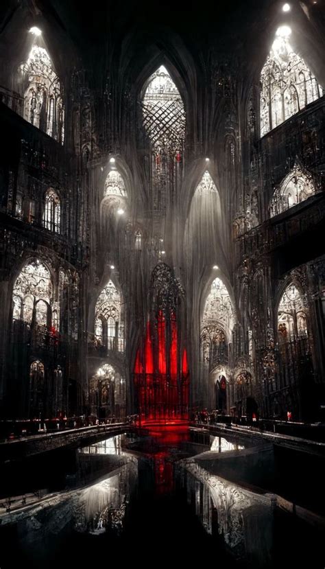 The Interior Of A Gothic Cathedral Lit Up With Red Lights