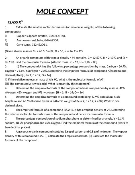 Worksheet Based On Chapter Mole Concept Exercises Chemistry Docsity