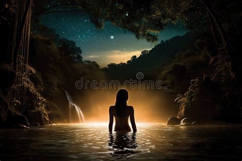 Waterfall Bathed In The Soft Glow Of Moonlight Silhouette Of A Bathing