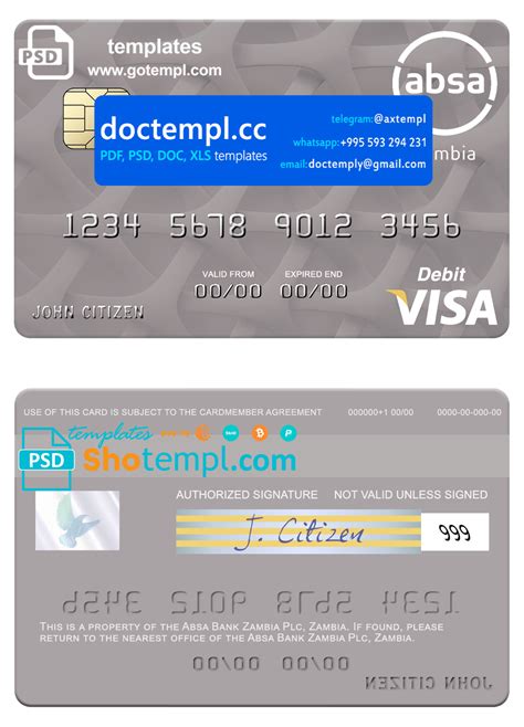 Zambia Absa Bank Zambia Plc Visa Debit Card Fully Editable Template In