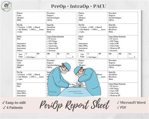 Preop Pacu Nurse Report Sheet For 4 Patients Periop Preop Etsy Denmark