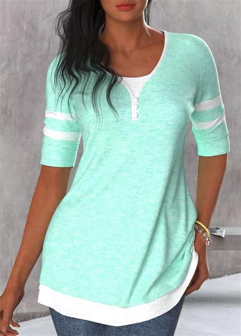 Patchwork Mint Green Round Neck T Shirt