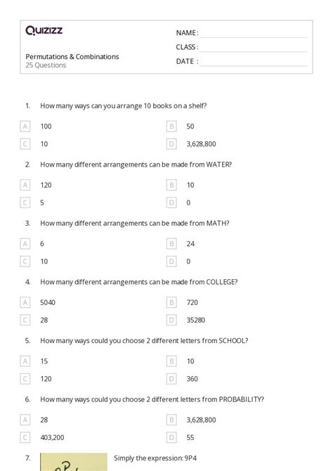 Printable Permutation And Combination Worksheets Quizizz