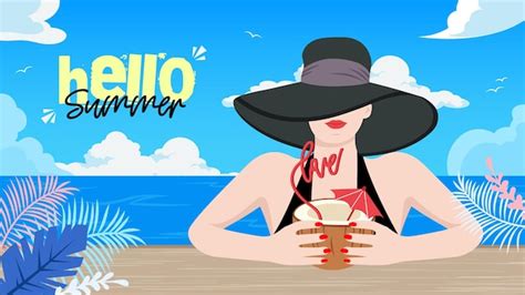 Hola Pancarta De Verano Con Hermosa Mujer En Bikini Vector Premium