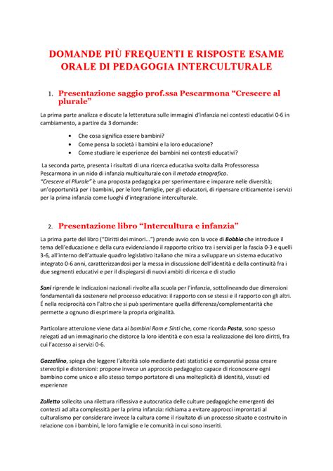 Domande Più Frequenti Esame Orale Di Pedagogia Interculturale Schemi