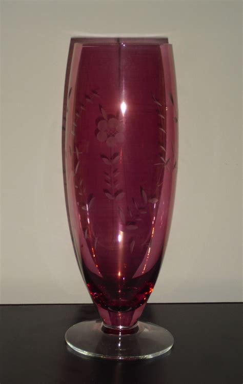 Vintage Vase Etched Cranberry Glass 105 Inches Tall Etsy