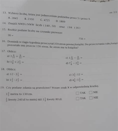 Sprawdzian Z Matematyki Klasa Liczby I Dzia Ania M Dry