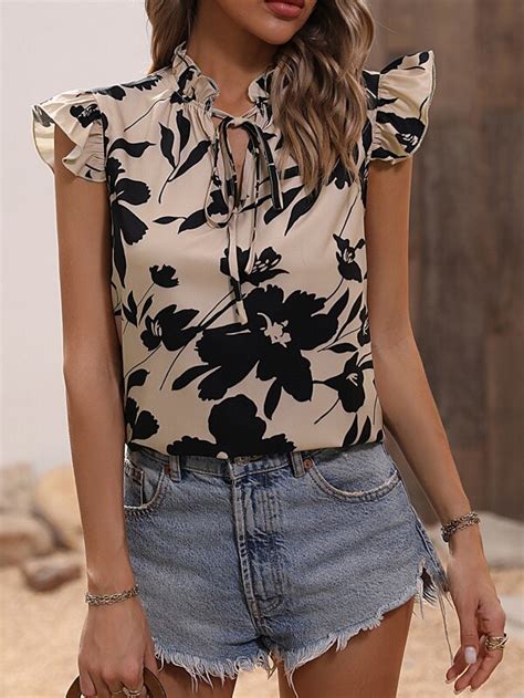 Floral Print Tie Neck Ruffle Trim Blouse Shein Usa