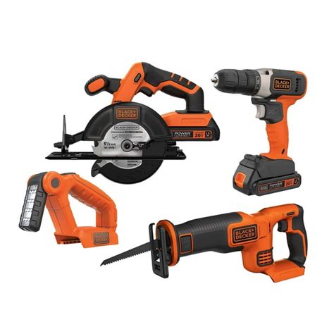 Black And Decker 20 Volt 4 Tool Kit With Drill Circular Saw Reciprocating Saw And Work Light