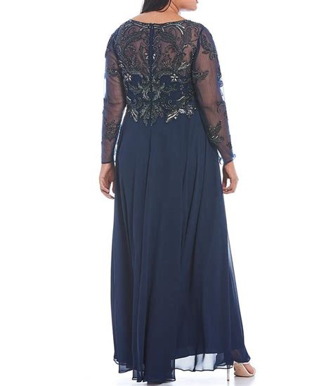 Xscape Plus Size Illusion Crew Neck Long Sleeve Floral Beaded Bodice