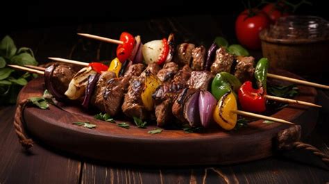 Premium Photo Grilled Meat And Vegetable Skewers On A Rustic Wooden