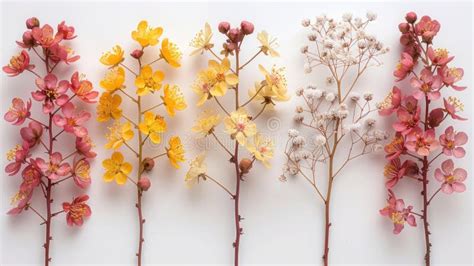 Isolated Set Of Yellow Berberis Thunbergii Pink Chamelaucium And