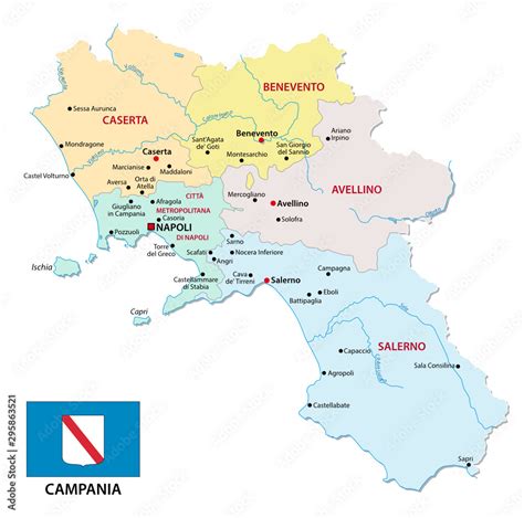 Map Of The Italian Region Campania With Provinces And Flag Stock