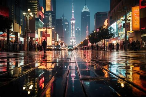 Premium Ai Image Night Rainkissed Cityscape Gleaming Skyscrapers