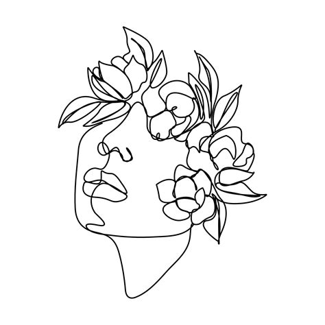 woman face single line drawing with flowers continuous line art a ...