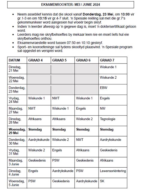 Eksamenrooster Mei Junie Laerskool Jan Van Riebeeck