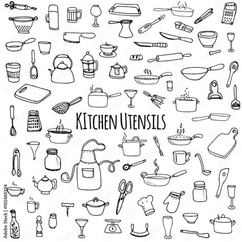 Kitchen Utensils Hand Drawn In Black And White With The Words Kitchen