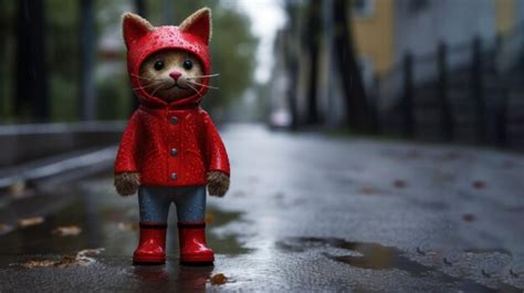 Premium AI Image | Cat toy in red boots and red raincoat in the rainy ...